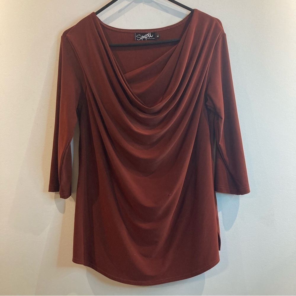 SYMPLI SZ 8 Twist Neck Flowy Slinky Cowl Neck 3/4 Sleeves Tunic Top Blouse